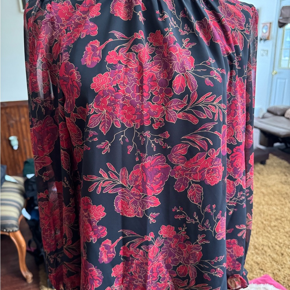 Anne Klein Floral Black and Red Blouse lined size L NWT